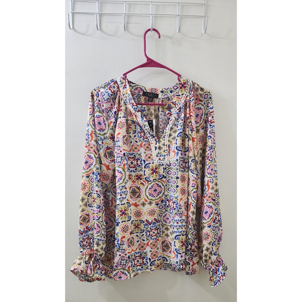 Grace The Perfect Fit Womens Medium Boho Tile Print Lace Trim Ruffle Blouse NWT